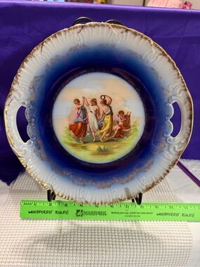 Porcelain Decorative Handled Plate with Mythic Dance Scene - Cobalt & Gold